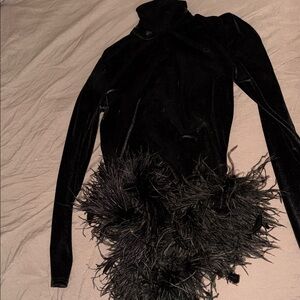 Black Velvet Feather-Trim Long Sleeve Bodysuit